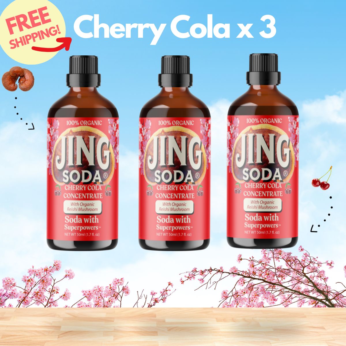 Jing Soda, Organic Cherry Cola, 50ml (3 Pack)
