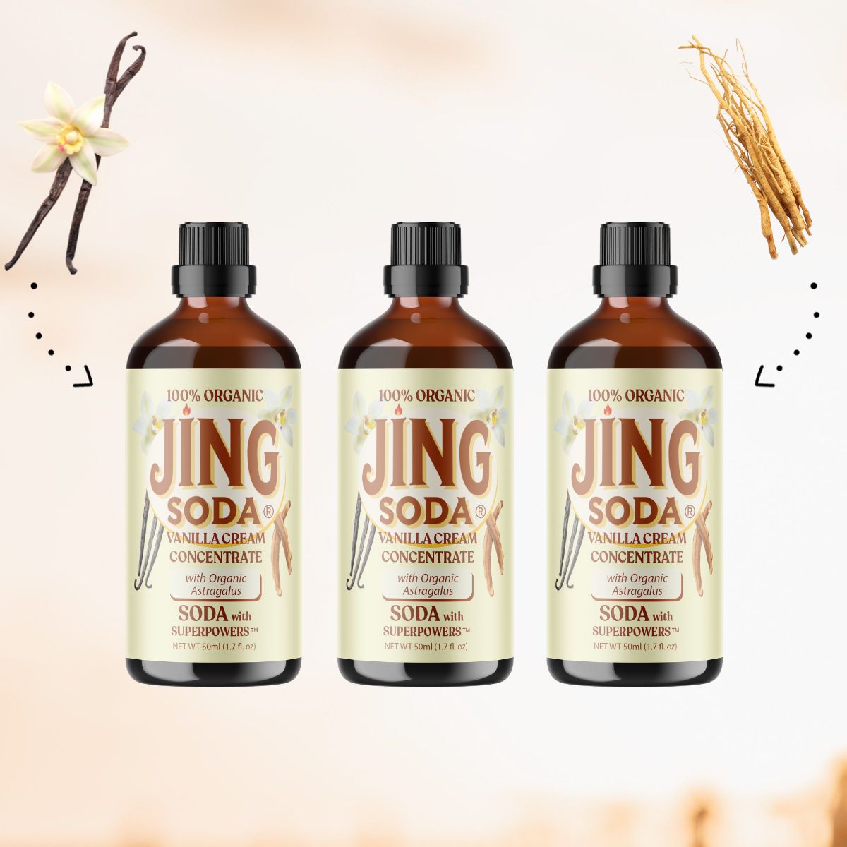 Jing Soda, Vanilla Cream, 50mL (3 Pack)