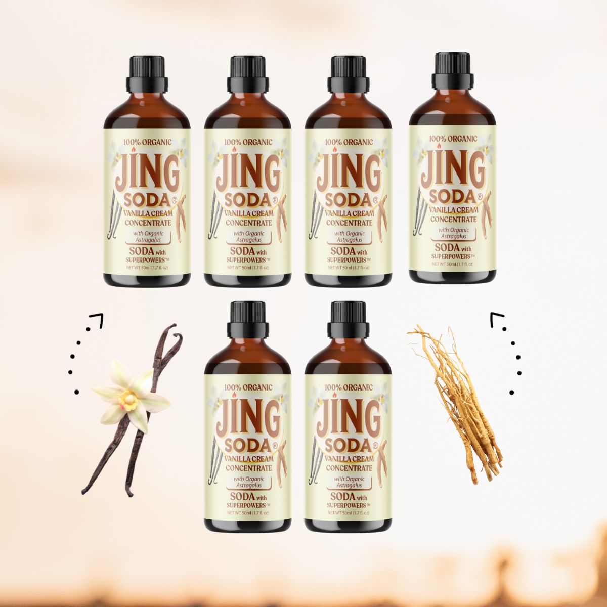 Jing Soda, Vanilla Cream, 50mL (6 Pack)